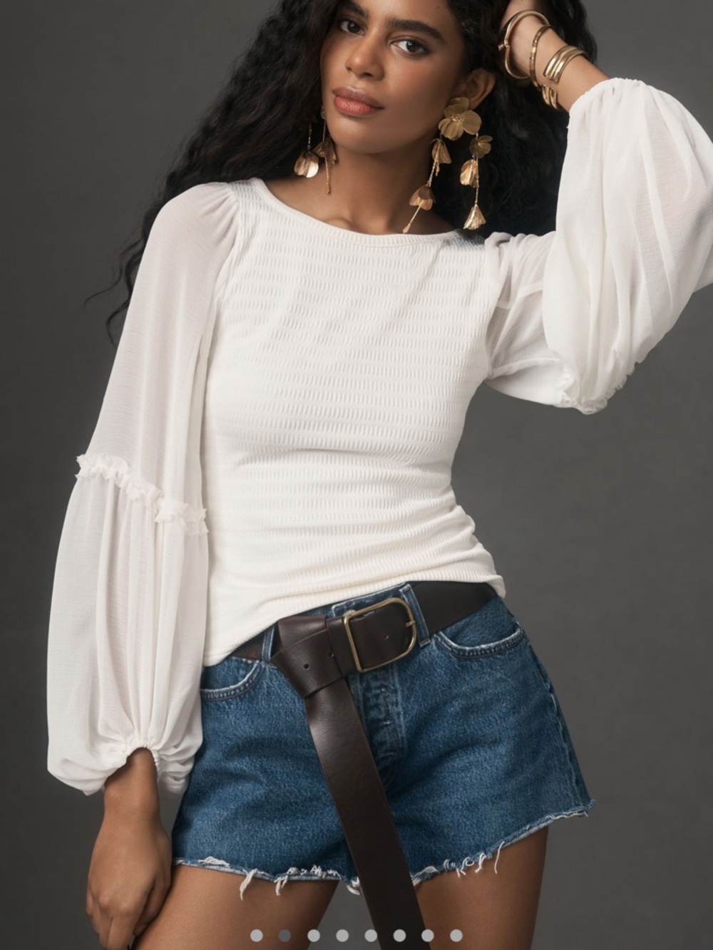 White Smocked Bodice Balloon-Sleeve Women's Top